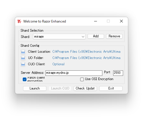 Razor Enhanced の接続設定画面